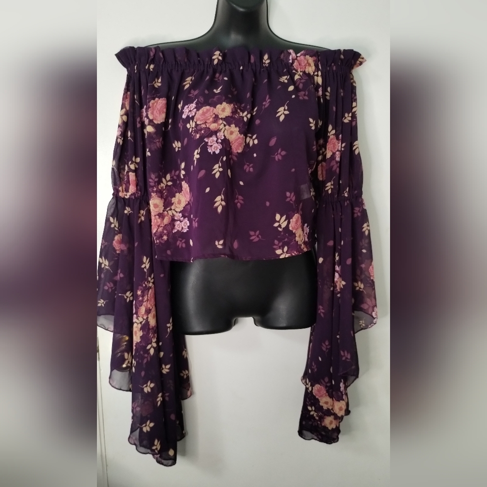 Live 4 Truth Women's Floral Boho Off Shoulder Top Bell Sleeve Purple Sheer Med